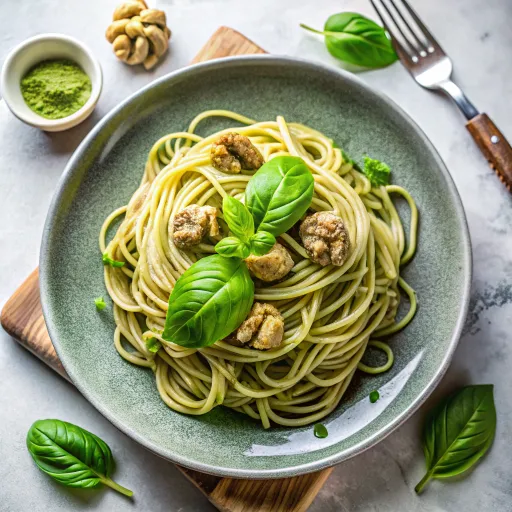 Пълнозърнести спагети с песто от зелен чай и орехи